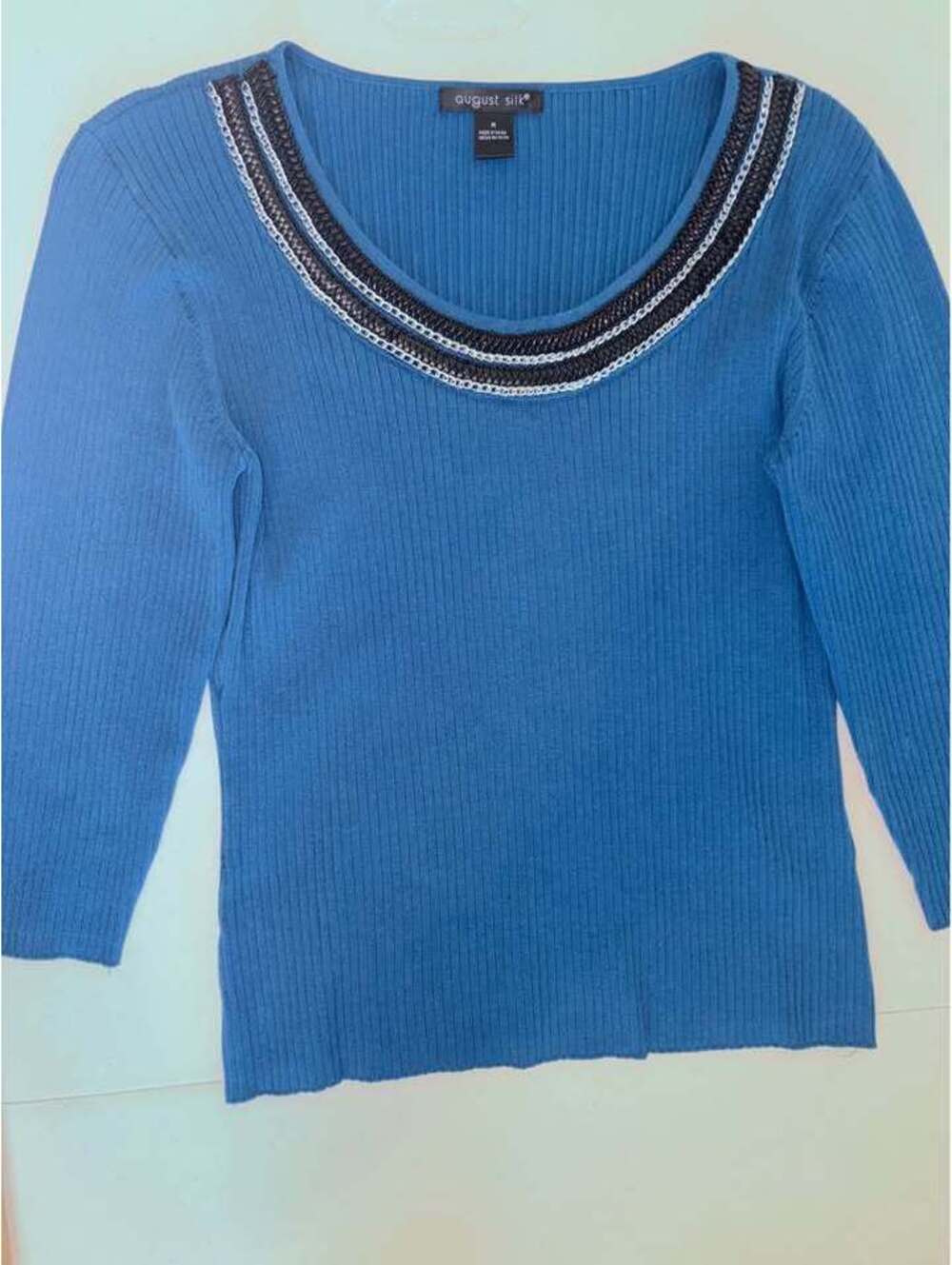 August Silk Blue Ribbed Knit Top Size M